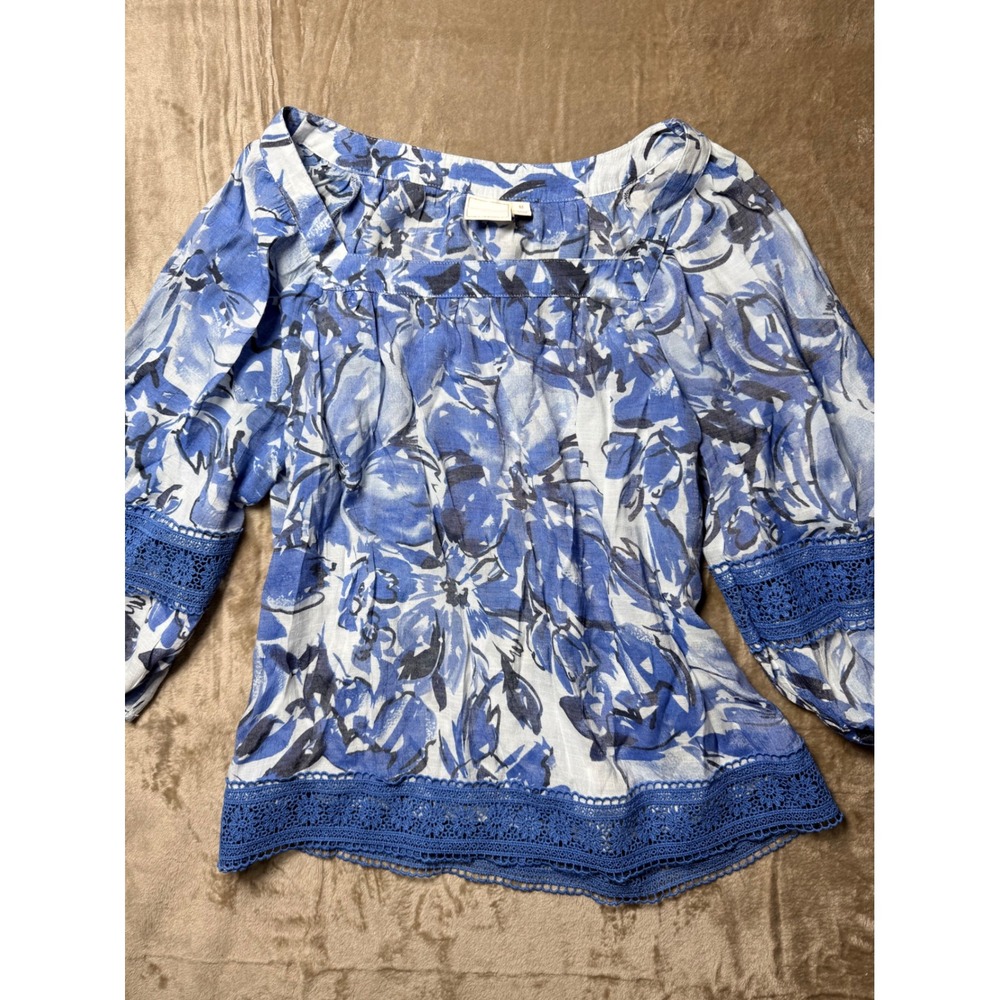 Zac & Rachel Blue White Floral Crochet Trim Square Neck Peasant Blouse Medium